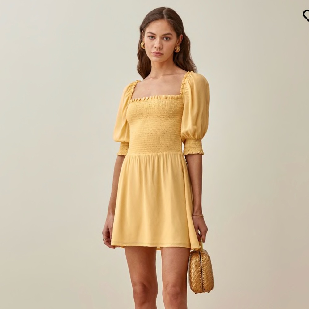 Reformation Yellow Smocked Puff Sleeve Mini Dress